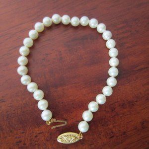 6-6.5mm Cultured Pearl Bracelet, 14K Yellow Gold, 8" White Pearl Bracelet--NOS